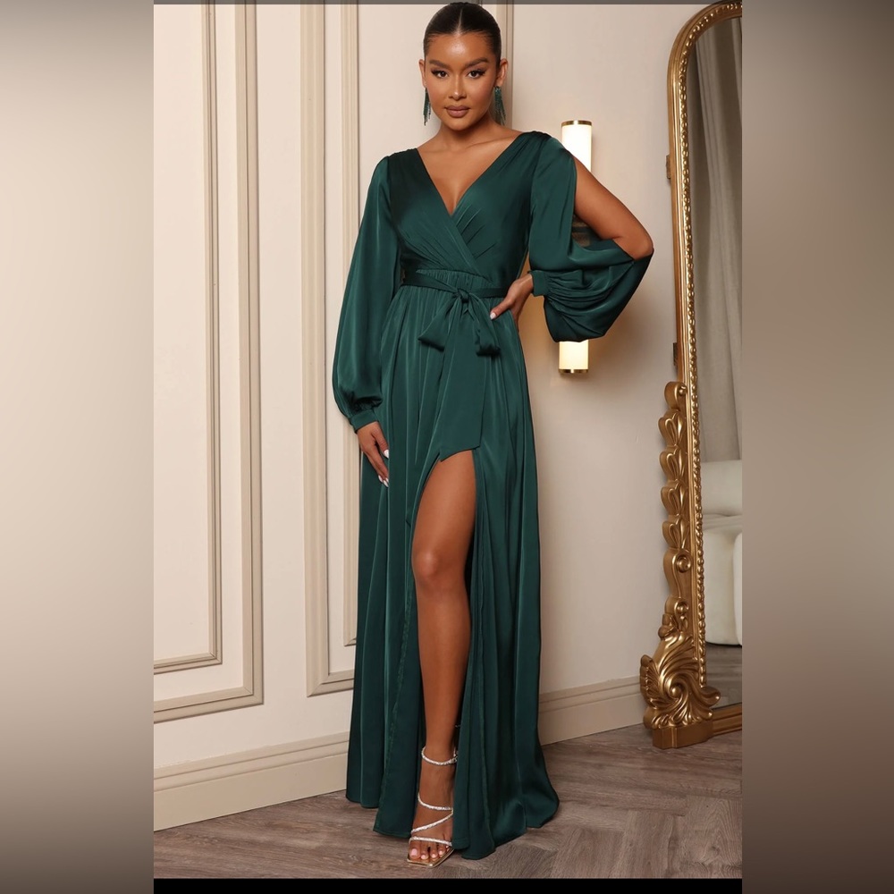 Never worn Emerald Maxi Dress, with a deep v-neckline, tie waist and front slit